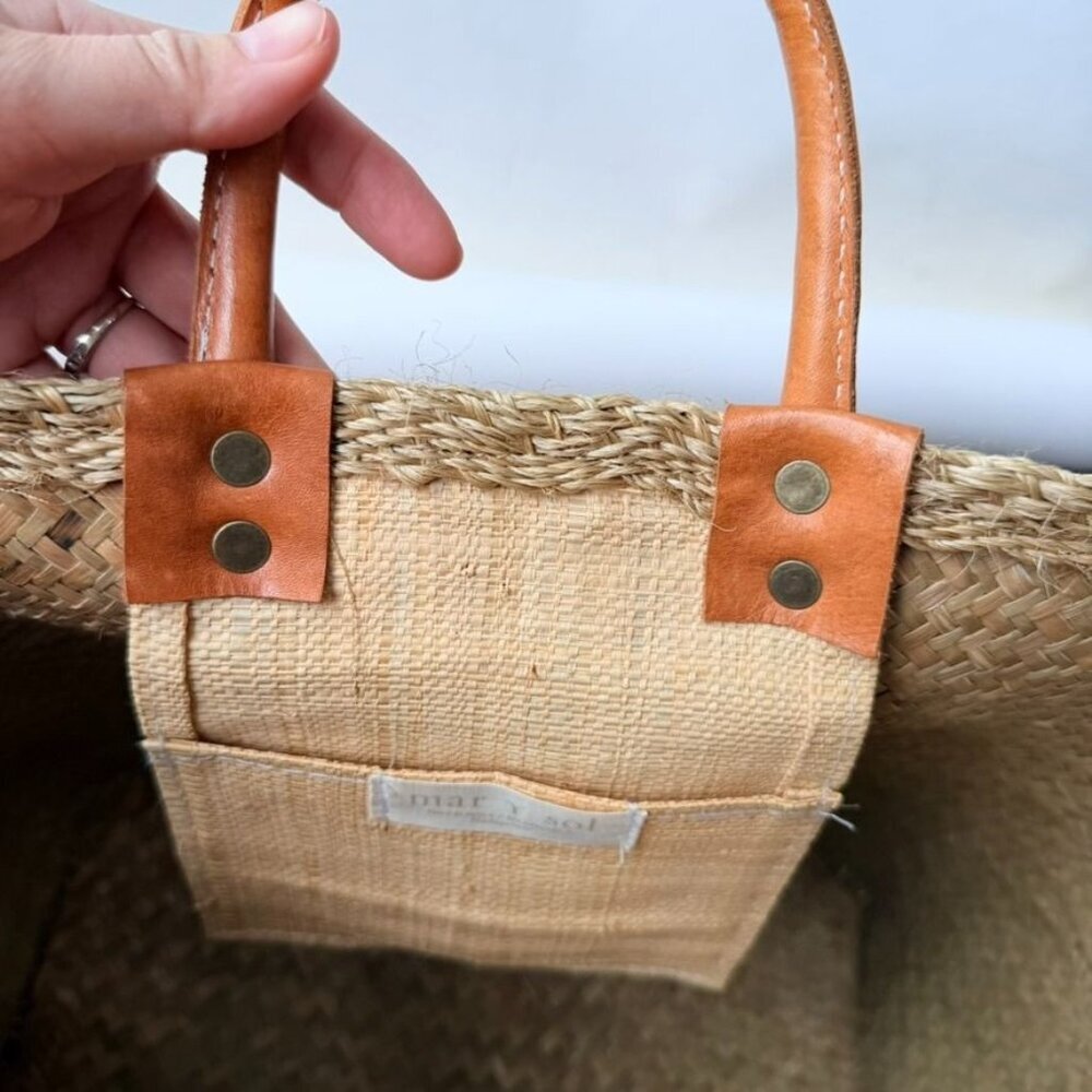 Mar Y Sol Caracas Tote Straw Raffia Pom Pom Beach Tote - Beige/Red - Picture 10 of 11